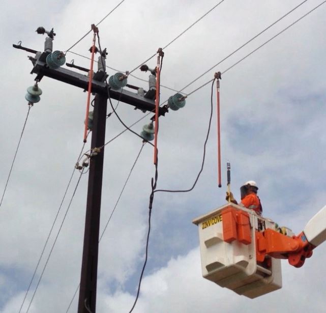 Electrician attaching PEDs on overhead line